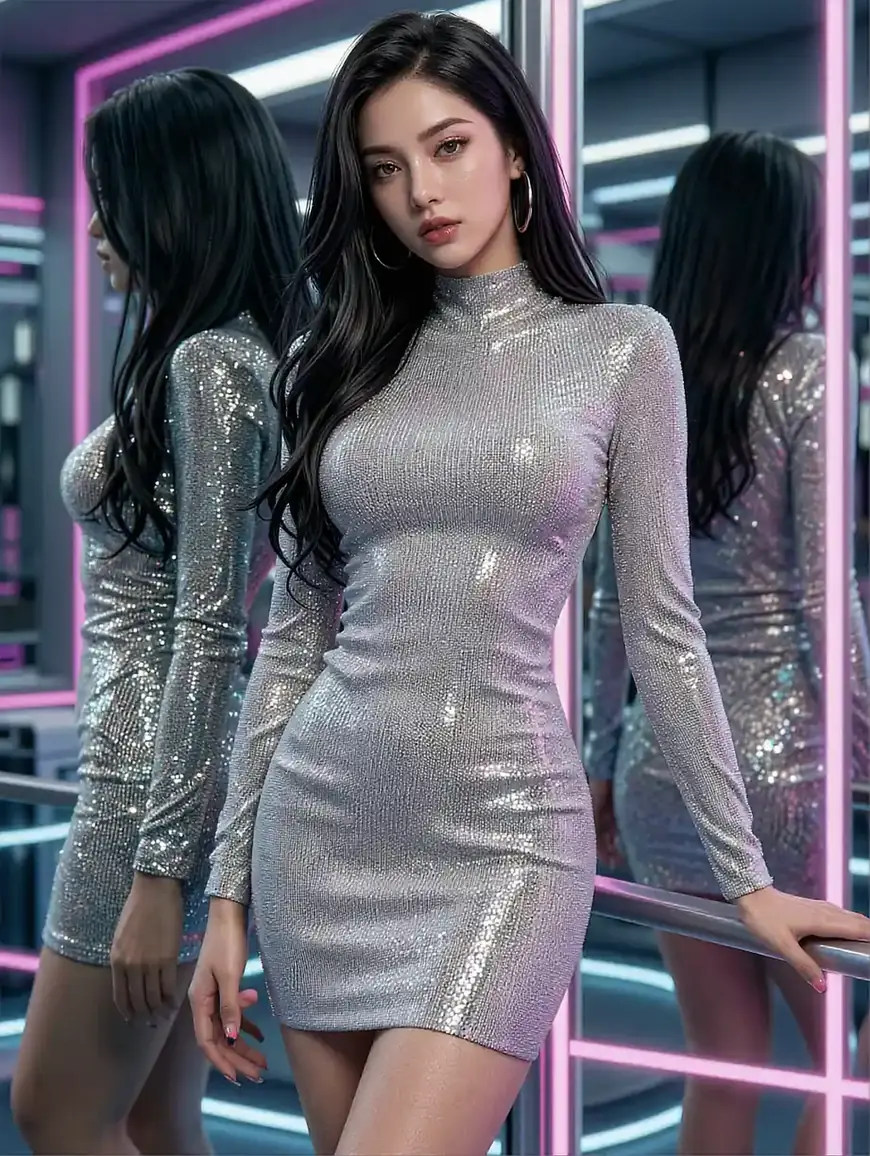 Fictional AI character featured on the fourth landing page, at night